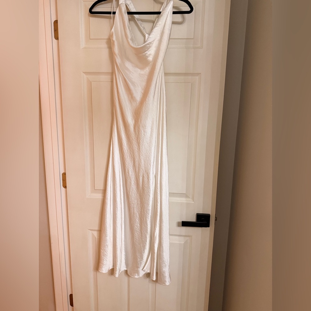 Altar'd State bridal bachelorette white satin cowl tie neck midi dress